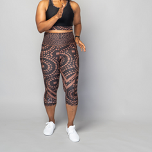 Load image into Gallery viewer, Signature Splash Capri Leggings – TYNA brown cropped gym leggings with triangle, square and circle motifs