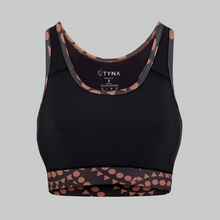 Load image into Gallery viewer, TYNA Signature Brown Sports Bra – women’s racerback gym bra with ethnic geometric print