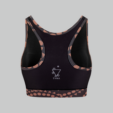 Load image into Gallery viewer, TYNA Signature Brown Sports Bra – women’s racerback gym bra with ethnic geometric print
