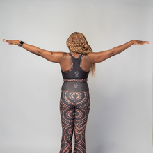 Load image into Gallery viewer, TYNA Signature Brown Sports Bra – women’s racerback gym bra with ethnic geometric print