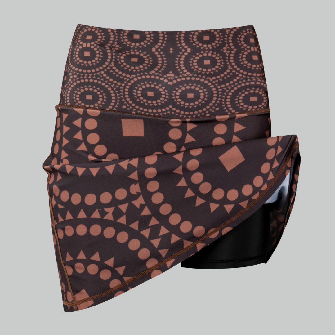 TYNA Signature Brown Skort – women’s high-rise wrap skort with built-in shorts and ethnic geometric print