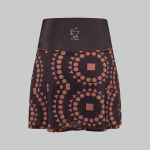 TYNA Signature Brown Skort – women’s high-rise wrap skort with built-in shorts and ethnic geometric print