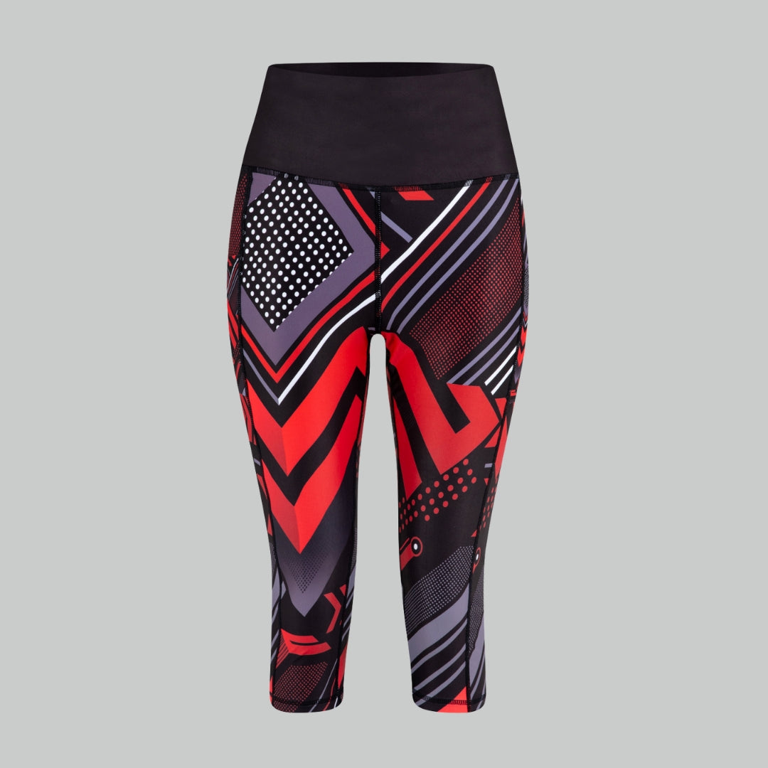 TYNA Soko Ankara Red Capris – women’s cropped gym leggings with red and black Ankara print
