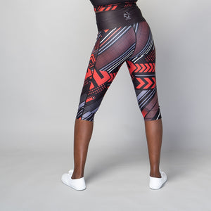 TYNA Soko Ankara Red Capris – women’s cropped gym leggings with red and black Ankara print